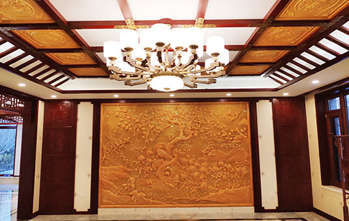 桃城中式别墅客厅中式木作横梁吊顶装饰展示