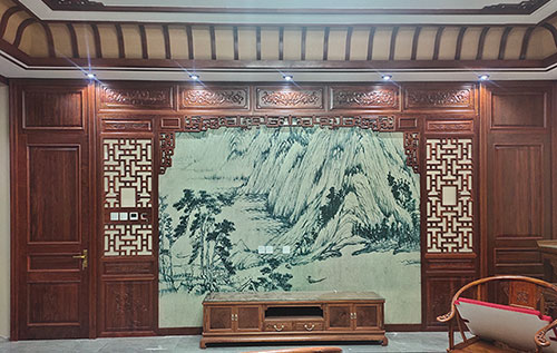 桃城中式仿古别墅客厅背景墙花格木作装饰